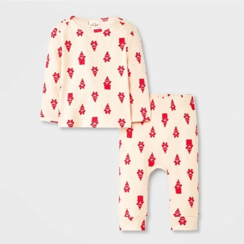 Baby Cat and Jack Pajamas Set Long Sleeve‎ Pants Santa Print Cream Red Size 12M